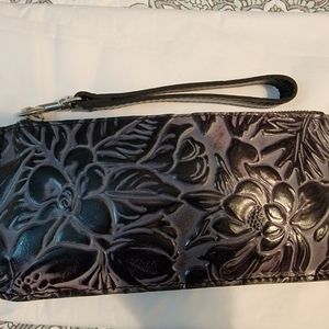 Patricia Nash Burnished Tooled Zip Leather Wristlet Wallet RFID Technology